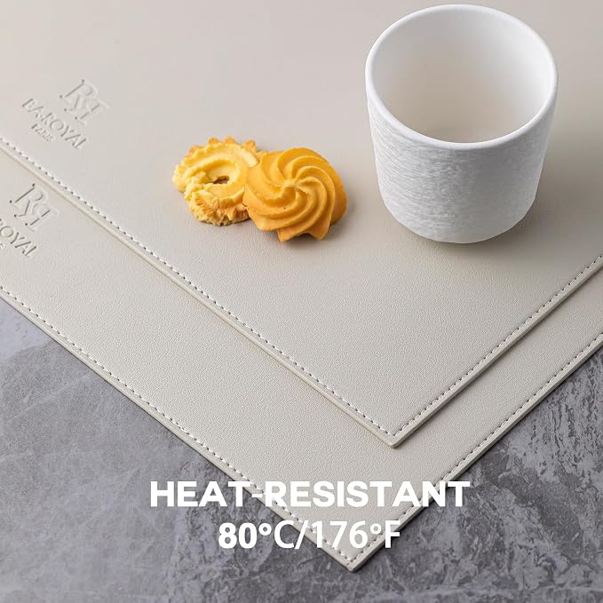 Baroyal Faux Leather Placemats Set of 4 Vinyl Washable Wipeable Table Mats for Kitchen Dining Table Heat Resistant Waterproof Modern Indoor/Outdoor Placemats Non-Slip Easy Clean Place Mats-Cream White