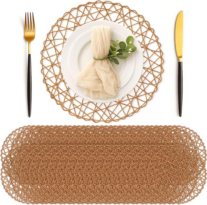 Geosar Round Woven Placemats Bulk Rustic Paper Braided Placemats Boho Natural Non slip Heat Resistant Table Mats for Wedding Party, Dinner Table Centerpiece Decoration, 13 Inch (Light Brown,24 Pcs)