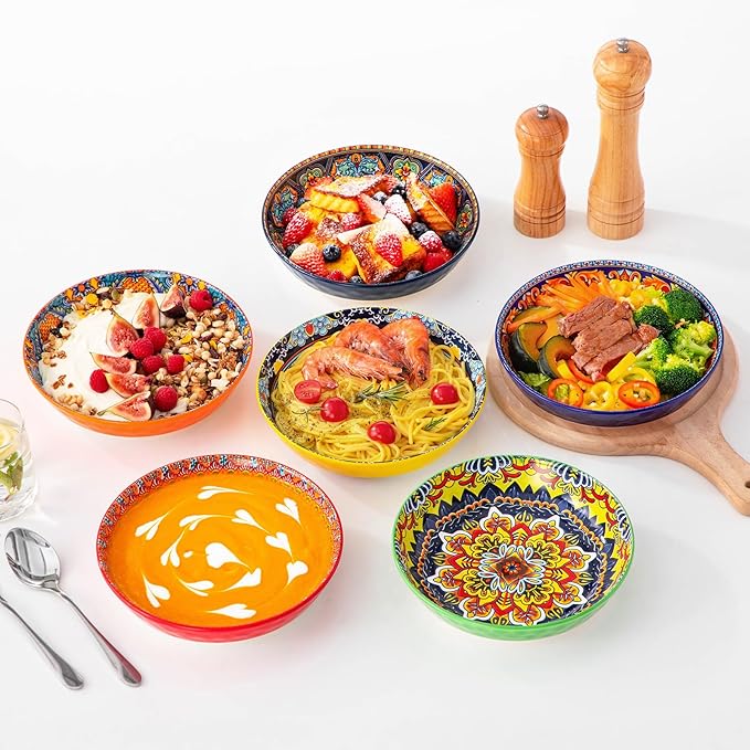 vancasso 32 Oz Pasta Bowls, Porcelain Large Colorful Salad Soup Bowls Set of 6, Pasta Serving Bowls Plates for Kitchen, Dishwasher & Microwave Safe, Series KRVI