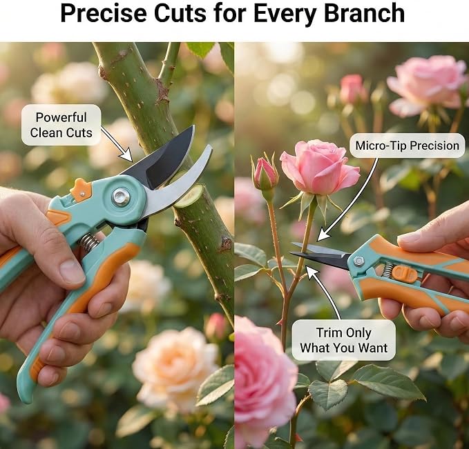 NEXON Pruning Shears 2-Pack — 8" Bypass Hand Pruner & 6.25" Precision Snips, SK5 Steel Blades with Non-Stick Coating, Lightweight Garden Shears for Roses, Flowers & Shrubs, Blue