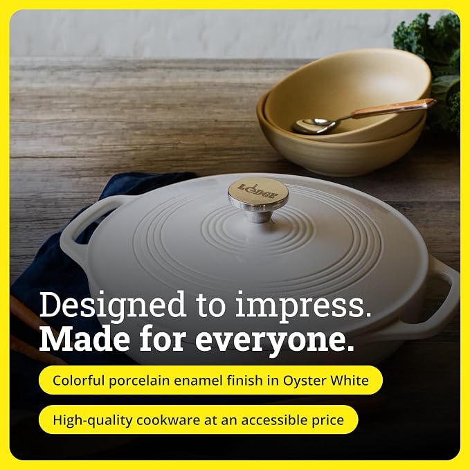 Lodge Essential Enamel Braiser - Refrigerator- & Oven-Safe up to 500° F - Heat-Retaining, Induction-Safe & PFAS-Free Enamel Cookware - 3.6 Quart, Oyster White