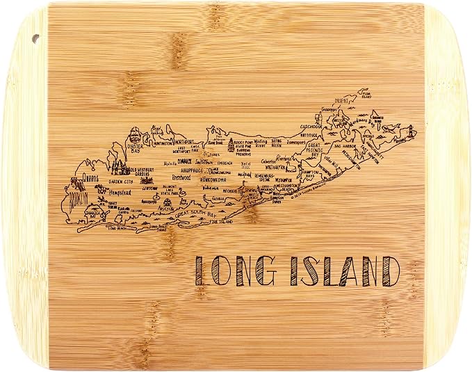 Totally Bamboo A Slice of Life Long Island Engraved Map Cutting Board | 11" x 8.75" charcuterie board with engraved map artwork. Smooth reverse side for food prep. Hang tie for wall display.