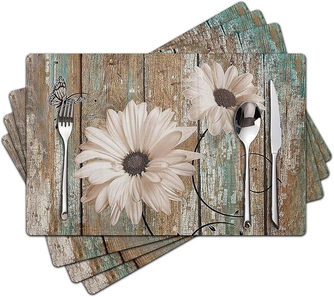 White Sunflower Placemats set of 4 - Floral Faux Leather Heat Resistant Placemats for Dinner Table, Non-Slip Waterproof Oil-Proof Washable Reusable Placemat for Indoor Outdoor Kitchen, 15.75In*11.81In
