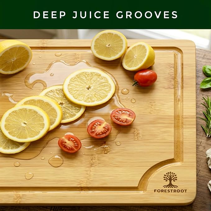 Bamboo Cutting Board for Kitchen, 3-Piece Natural Bamboo Chopping Board with Juice Groove, Built-in Side Handles, Bamboo Butcher Block for Meat, Vegetables, Bread & Fruits