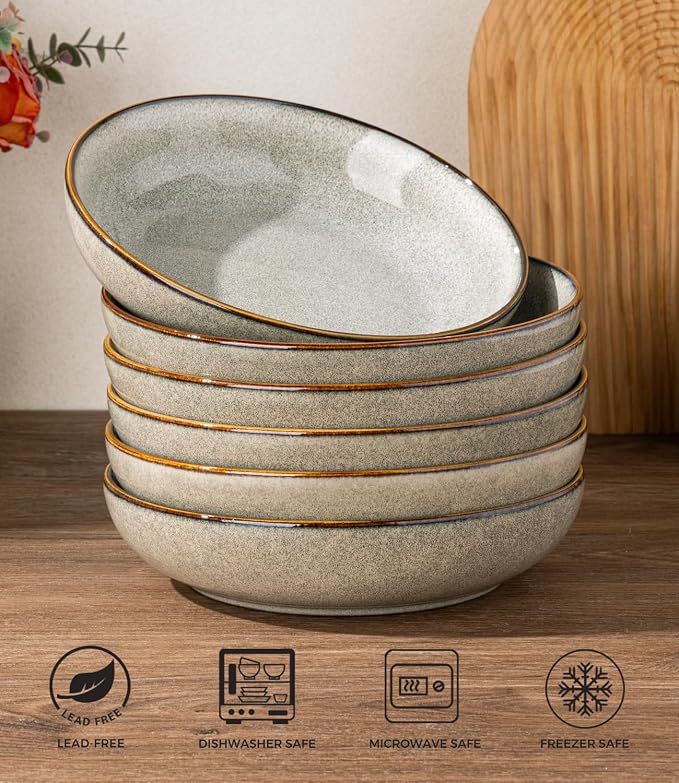 AmorArc 8.5’’ Ceramic Pasta Bowls Set of 6, 36oz Large Stoneware Bowls Set | Large Dinner Serving Bowls Set, Wide Bowl Plate for Pasta,Salad, Soup, Microwave Safe, Reactive Glaze-Green Wheat
