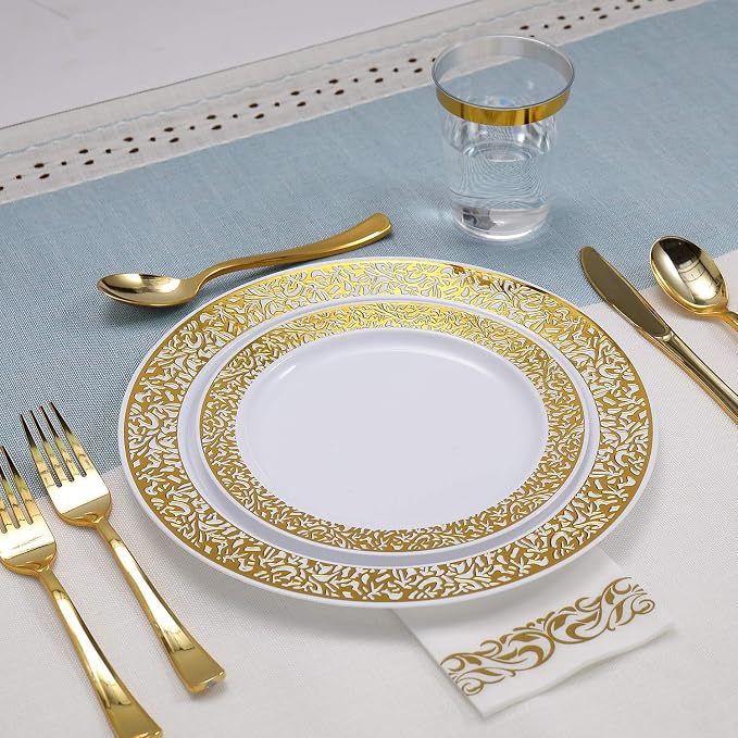 FOCUSLINE 350 Ct Gold Dinnerware Set for 50 Guests, Gold Lace Plastic Plates Disposable Heavy Duty, Including 50 Dinner & Dessert Plates, Cups, Napkins, Cutlery Set