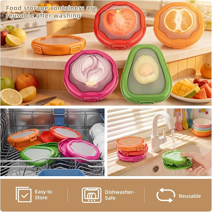 TQRR Avocado Saver and Onion Holder-4Pcs Fruit Fresh Storage Containers | Reusable Silicone, Refrigerator Use, For Fruits & Vegetable Containers, Fits Apples, Lemons, Potatoes, Oranges,Tomatoes