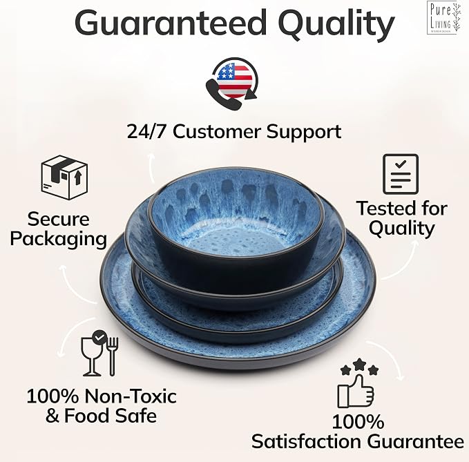 24 Piece Dinnerware Sets for 6 - Stoneware Tableware Set - Bowl and Plate Set - Dinner Service 6 persons - Tableware Sets Pure Living Black Deep Blue