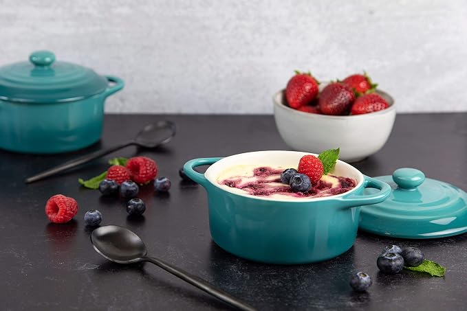 Kook Ceramic Mini Cocotte Set, Small Casserole Dishes with Lids and Handles, Individual Baking Ramekins, Oven Safe 350F, Microwave & Dishwasher Safe, Stoneware, 12 oz, Set of 4, (Aqua Ombre)