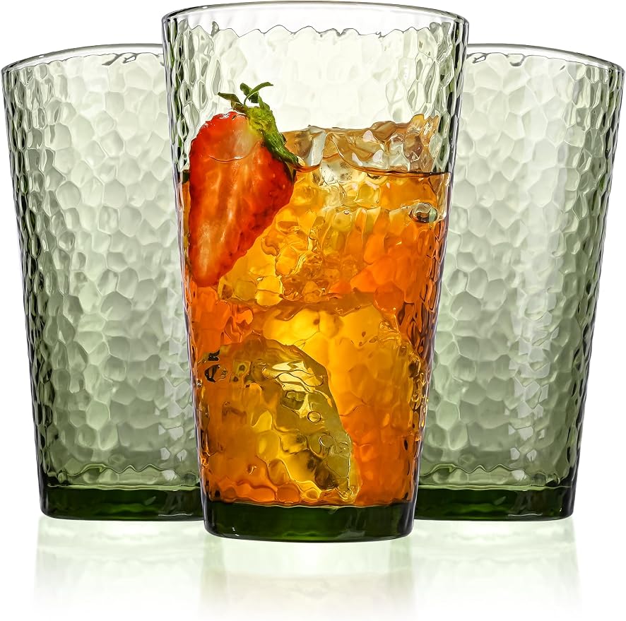 Amyoole Drinking Glasses Set of 8, 16oz Green Highball Water Glasses | Stackable Lead-Free, Clear Heavy Hammered Glass Cups,Kitchen Drinkware Glassware for Cocktail,Beer,Juice,Iced Tea,Margaritas