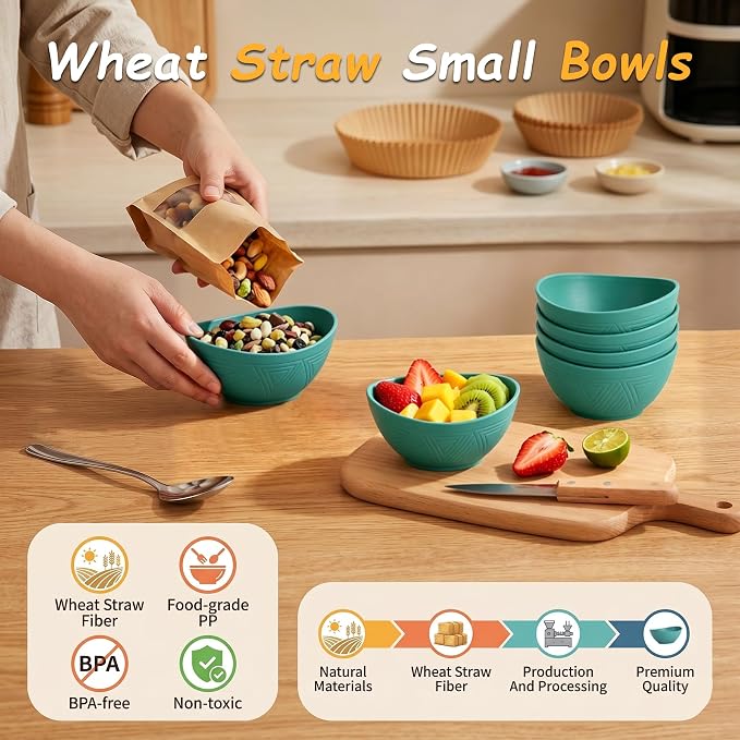 10oz Wheat Straw Bowls Set of 6, Unbreakable Plastic Bowls Reusable for Cereal, Snack, Dessert, Side Dish, Small Prep Bowls, Microwave Safe Bowls for Kitchen, Party, Camping - Green