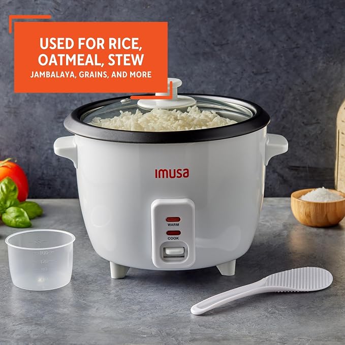 IMUSA 3 Cup Electric Ceramic Rice Cooker, White | For Rice Quinoa Oatmeal Stew, Compact for Dorms RVs Small Kitchens