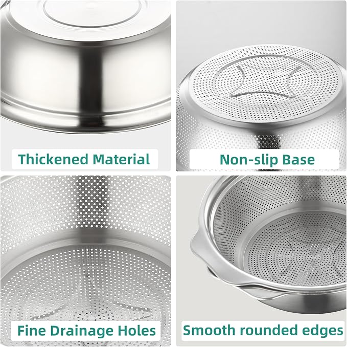Stainless Steel Colander for Kitchen 2-Quart, Strainer Microporous with Mixing Bowl, Rice Strainer for Washing Vegetables, Fruit and Draining Cooked Pasta, Dishwasher Safe
