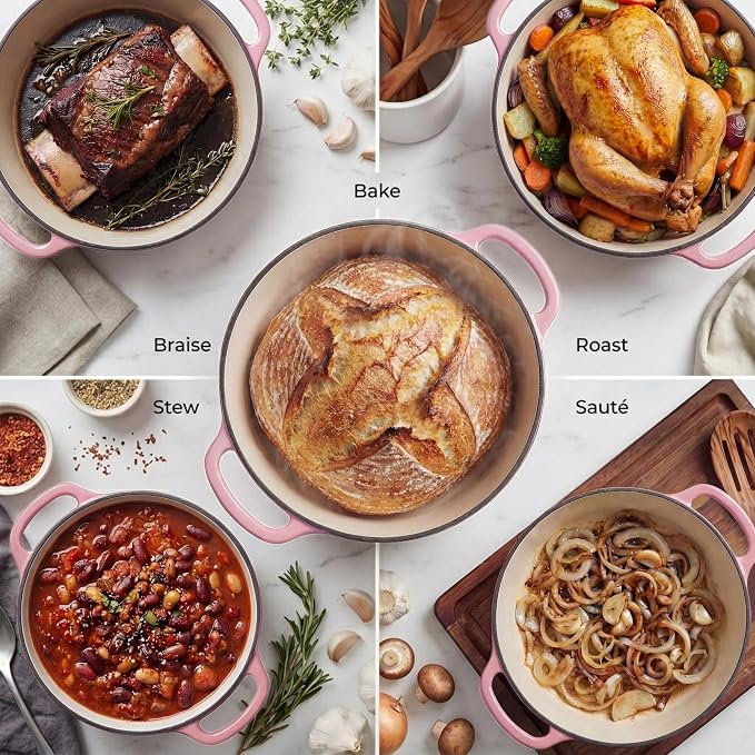 Zulay Kitchen 7.7 Quart Enameled Cast Iron Dutch Oven Pot with Lid – Premium Durability & Oven Safe up to 500°F – Heavy Duty Cookware Perfect for Bread Baking, Stews, Braising & Roasting – Pink