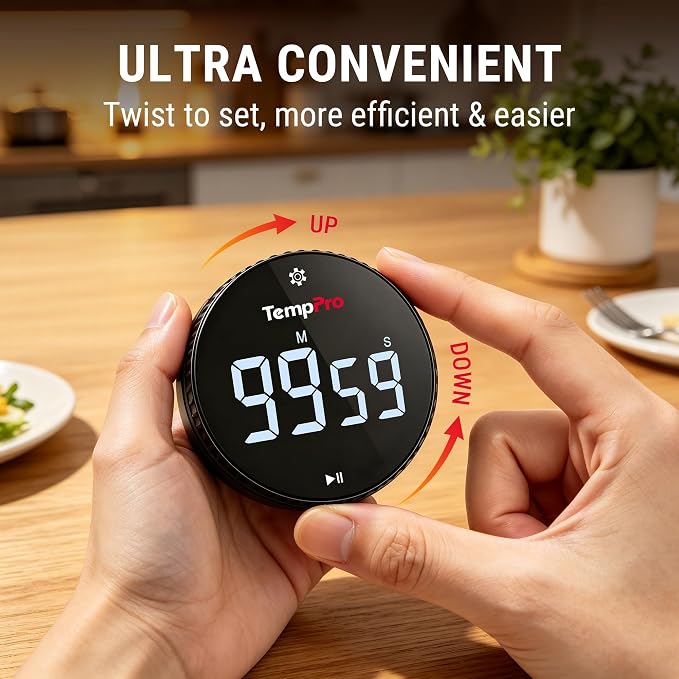 TempPro Magnetic Kitchen Timers for Cooking, Digital Timer for Kids Teacher | Countdown Timer with Easy-Twist Knob, Loud Alarm & Silent Mode, Classroom Timer with Large LED Display for Office Workout