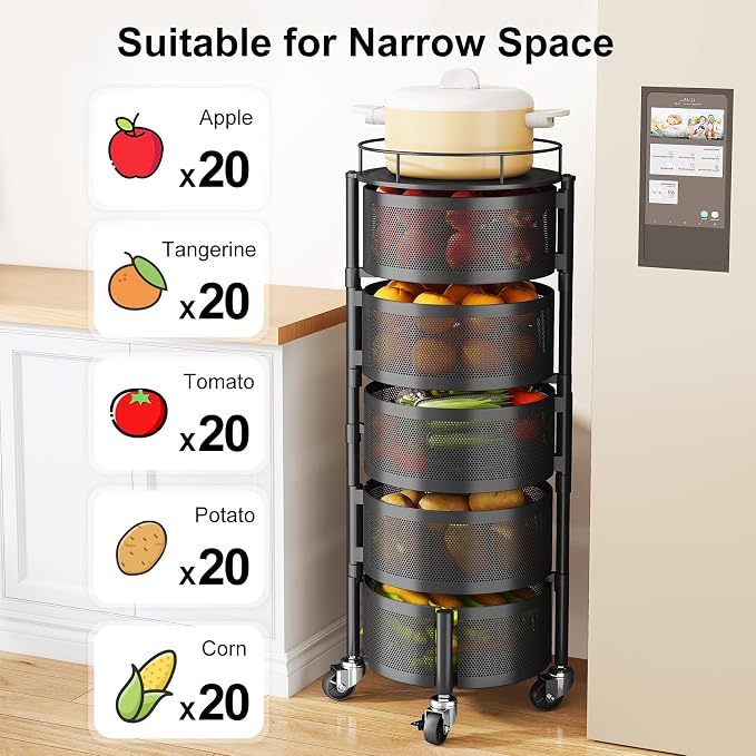 SAYZH 5 Tier Fruit Vegetable Basket Stand for Kitchen, Rotating, Black | Rolling Storage Cart with top lid, Large Metal Wire Rack for Potato and Onion Storage