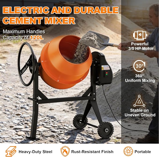 120L Electric Cement Mixer, 4.3 Cubic Ft. 450W 3/5HP Portable Concrete Mixer Machine with Stand And Wheels for Stucco, Mortar, Seeds, Orange-2026 Upgraded