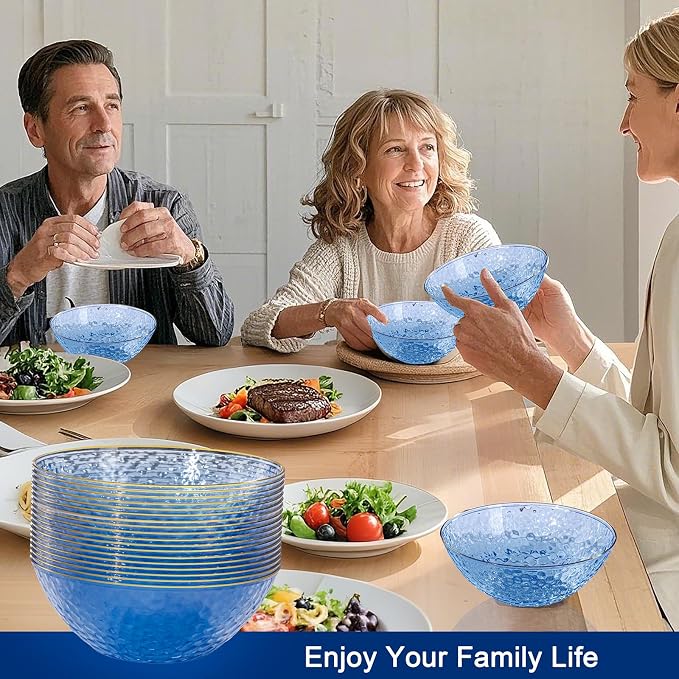 Rubtlamp 30 Pack Blue Disposable Bowls, Clear Plastic Bowls with Gold Rim, 12-16oz Premium Heavy Duty Plastic Dinner Bowls for Party, Wedding and Holiday