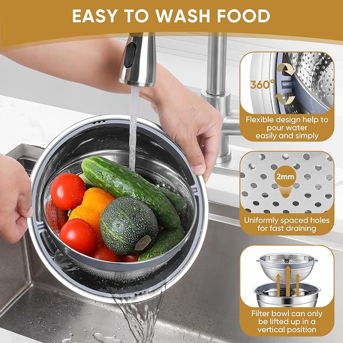 P&P CHEF Mixing Bowls with Lids, Metal Mixing Bowl with Colander, Khaki | 3 PCS Stainless Steel nesting bowls for Prepping, Storing, Colander for Draining, 3 Grater Attachments & Non-Slip Bottoms