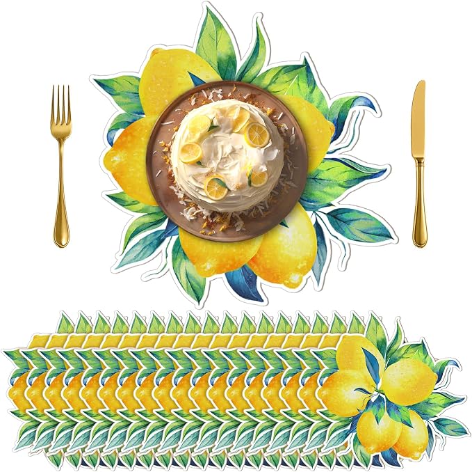 Sinmoe 100 Pcs Disposable Paper Placemats Bulk, Yellow, Lemon | Lemon Fruit Print, 14x12", Bulk, Wedding Birthday Baby Shower Banquet, Easy Clean Tabletop Decor