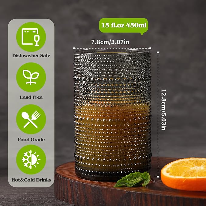 Moretoes 12 Pack 15 Oz Gray Large Hobnail Drinking Glasses Set | Vintage Glassware,Embossed Glass Cups,Water Tumbler,Highball Glasses For Beer, Juice And Various Mixed Drinks
