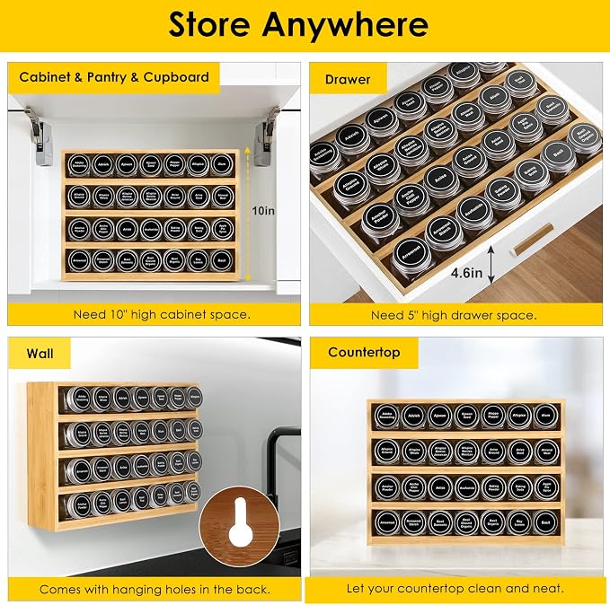 Bamboo Spice Rack Organizer With 28 Glass Spice Jars 4 oz, for Countertop | 780 Labels, 4 Tier Wood Hanging Shelf, Chalk Marker and Funnel Set for Drawer Cabinet Kitchen Wall Mount, Empty 4 oz Jars