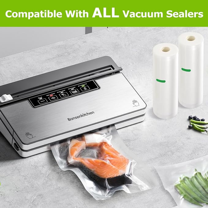 Bonsenkitchen Vacuum Sealer Bags Rolls, 2 Rolls 11 in x 50 ft | Commercial Grade, Heavy Duty, Durable Food Sealer Bags, Seal a Meal, Food Storage & Sous Vide Cooking, BPA Free, VB24
