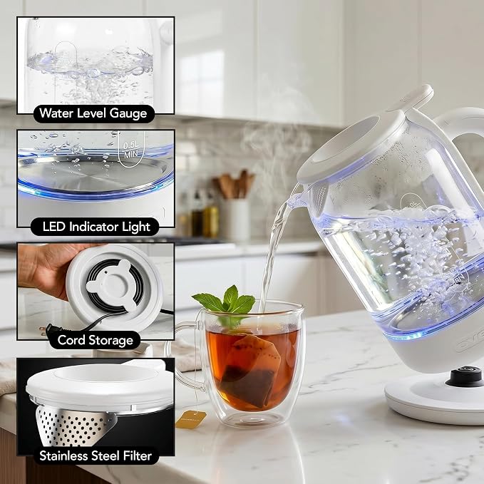 OVENTE 1.5L Glass Electric Kettle Water Boiler, White KG516W | 1500W Fast Boiling, Easy Fill Lid, Stainless Steel Filter, LED Indicator, Auto Shut-Off, Boil-Dry Protection, 360° Base