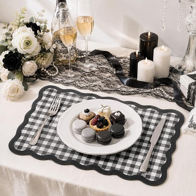 Black and White Scalloped Gingham Coffee Mat 12" x 20" | Absorbent Bar Mat Gingham Espresso Matt with Non Slip Rubber Backing for Coffee Countertops