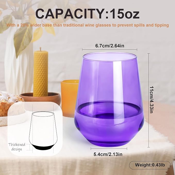 Purple Stemless Wine Glasses Set of 6, 15oz Drinking Glassware Dishwasher Safe, Wine Glass Tumblers for Red or White, Gift for Party, Holiday, Anniversary, Restaurant, Home Bar, Daily Use