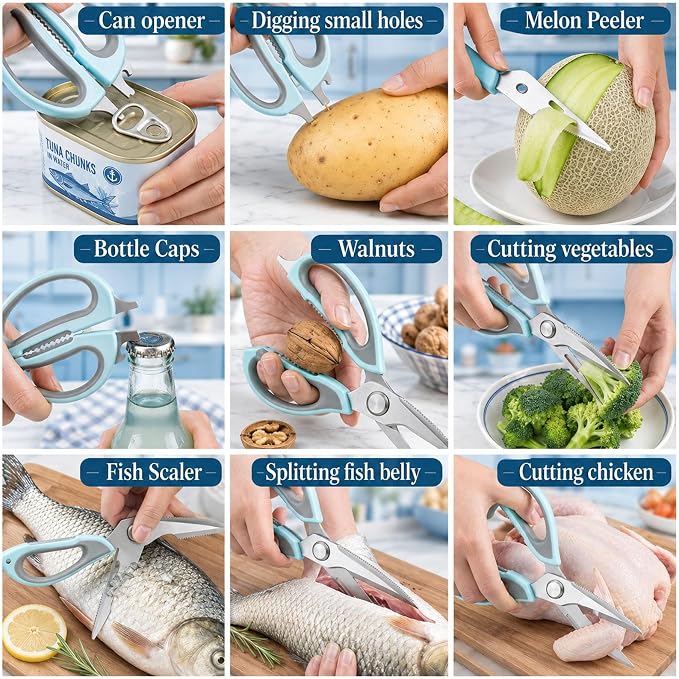 4-Pack Heavy Duty Kitchen Shears, Multi-Color Set (White/Green/Pink/Blue), Stainless Steel, Come-Apart Design Easy Cleaning, Multi-Purpose Cooking Scissors with Magnetic Holder for Fridge Organization