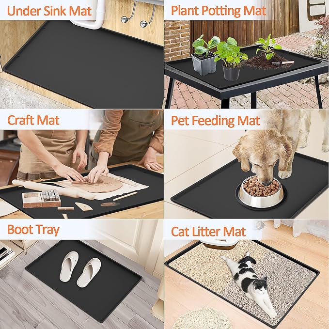 Silicone Coffee Maker Mat with Lip for Countertops, 19.7'' x 15'', Black | Multi leak-proof coffee tray for countertop, non-slip silicone tray for under coffee machine espresso accessory, wipe-clean