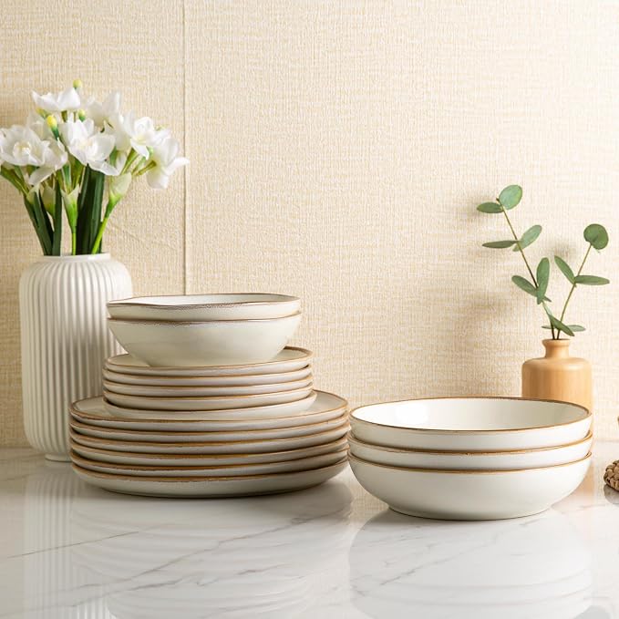 AmorArc 8.5’’ Ceramic Pasta Bowls Set of 6, 36oz Large Stoneware Bowls Set | Large Dinner Serving Bowls Set, Wide Bowl Plate for Pasta,Salad, Soup, Microwave Safe, Reactive Glaze-Pearl White