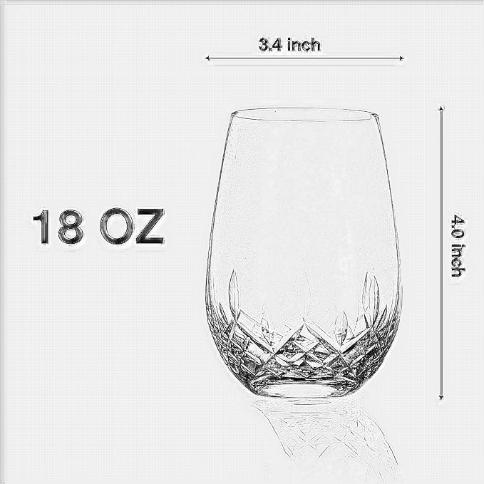 SHOSHIN Stemless Wine Glasses Set of 4, Hand Cut Crystal Wine Glasses, 18 oz Lead-Free Crystal Drinking Glasses with Gift Box, Elegant Glassware for Red Wine, White Wine, Cocktails, Wedding Gifts