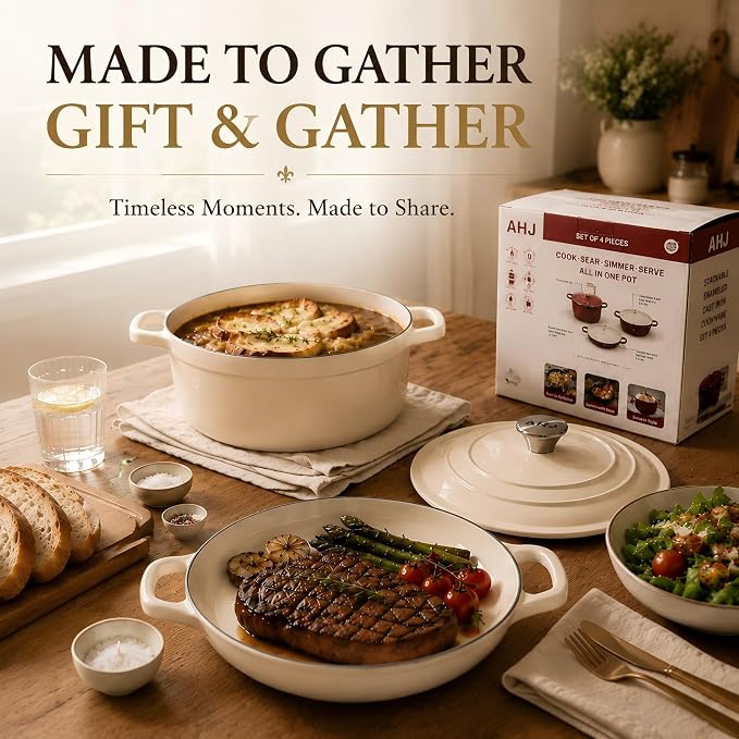 AHJ Enameled Cast Iron Dutch Oven Set - 4 Piece Cookware Set with Lids | 4.8Qt, 2.6Qt and 1.3Qt Dutch Ovens, Stackable Cast Iron Pots and Pans Sets for Bread Baking, Slow Cooking and Roasting, White