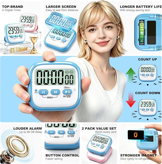 2 Pack Classroom Timers for Kids Teachers, Magnetic Countdown Digital Kitchen Timer for Cooking, Study, Exercise, Games, Time Mangement - Loud/Silent Mode - Battery Included