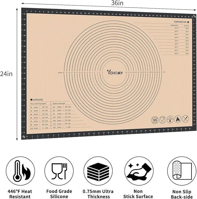 Extra Large Silicone Pastry Mat for Counter Rolling Dough,36x24 Inch,0.75mm Thick,Non Slip Silicone Baking Mat with Measurement(36 x 24 In,Grey)