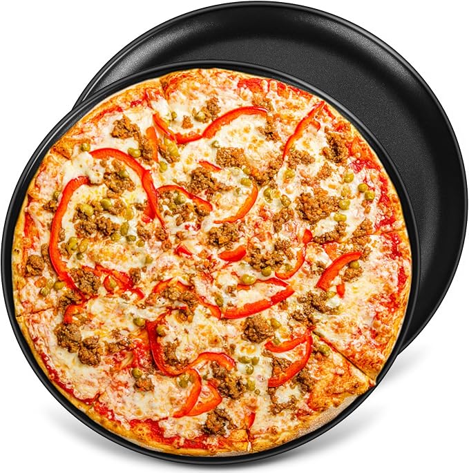 P&P CHEF Pizza Pan Set of 2, 13.5 Inch Stainless Steel Pizza Tray, Black | 2 Pieces Round Pizzas Plate for Pie Cookie Cake, Good For Baking Cooking Roasting, Non Toxic & Heavy Duty, Dishwasher Safe