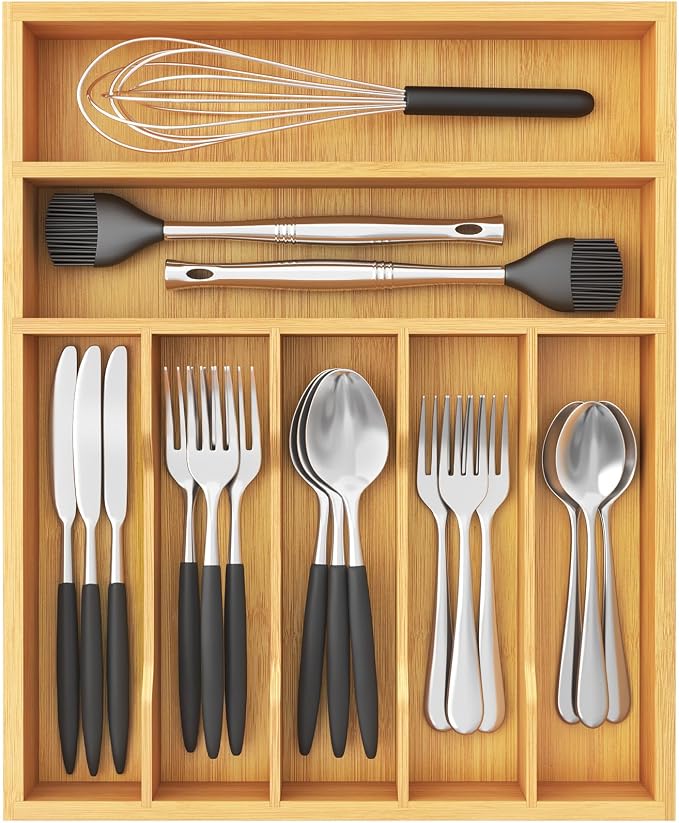 Lifewit Bamboo Silverware Tray for Drawer, 12.9 x 16.5 | Utensil Organizer for Kitchen, Flatware and Cutlery Holder, Storage for Spoons Forks Knives, Natural