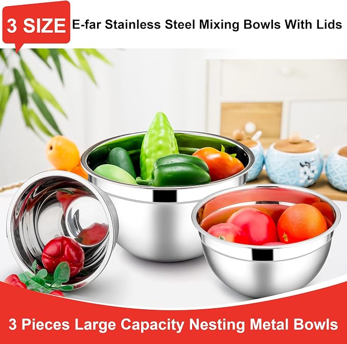 E-far Mixing Bowls with Lids, 6-Piece Stainless Steel Salad Bowls Metal Nesting Bowls for Baking Cooking and Prepping, Airtight Lids & Stackable Design, Size 4.5, 3, 1.5 QT (Red)