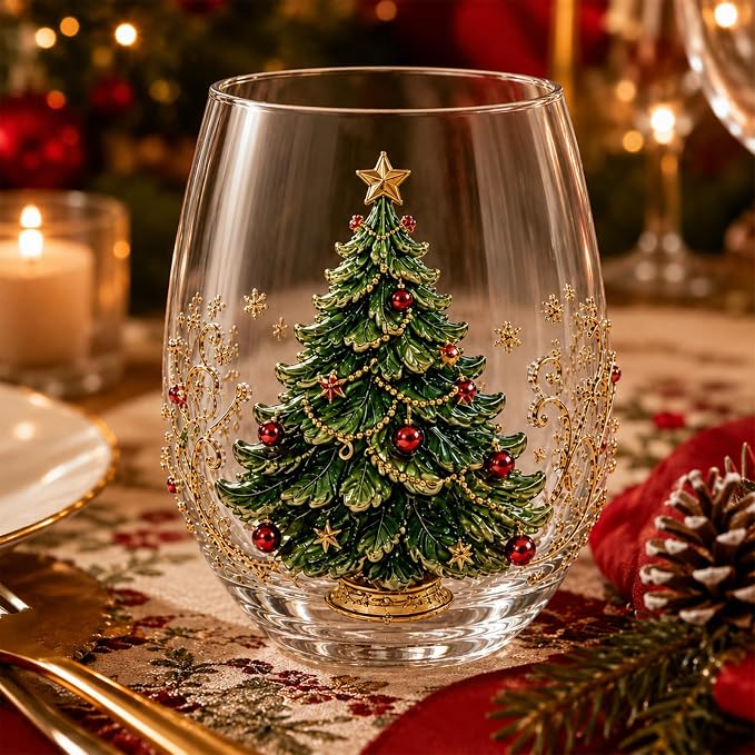 Christmas Wine Glasses, 12oz Stemless Holiday Glassware with Festive Style (Christmas Tree (B))