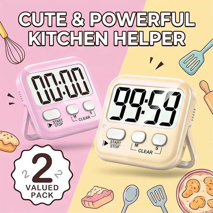 2 Pack Digital Timer for Kids Classroom Kitchen Timers for Cooking | w/ Battery, Easy to View, Alarm, Mute Mode, Count Down/Up, Magnetic, Kickstand, Hanging, Classroom Timer for Teacher Supplies
