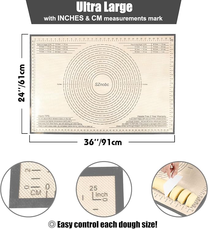 Silicone Pastry Mat 36X24 inch Baking Mat for Rolling Dough | Great Performance Kitchen Counter Mat, Perfect for Dough, Pastry, Pie Crust, Fondant, Bread, Pasta/Pizza, Baking Suitability
