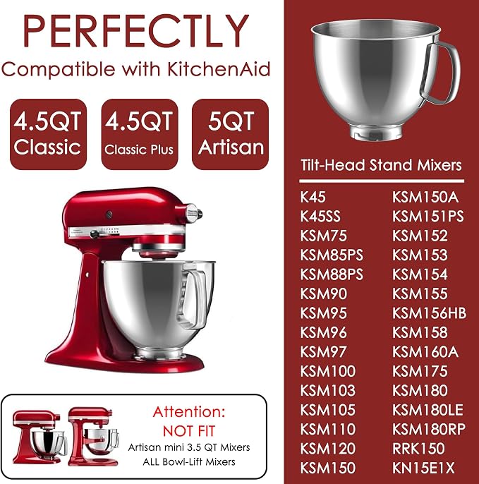 Stainless Steel Mixer Bowl for KitchenAid Artisan & Classic Series 4.5 Quart / 5 Quart Tilt-Head Stand Mixers, KSM150 Stainless Steel Bowl Replacement, Mixing Bowl for KitchenAid, Silver | Mixing Bowl Compatible with KitchenAid 4.5-5 QT Artisan Tilt-He...