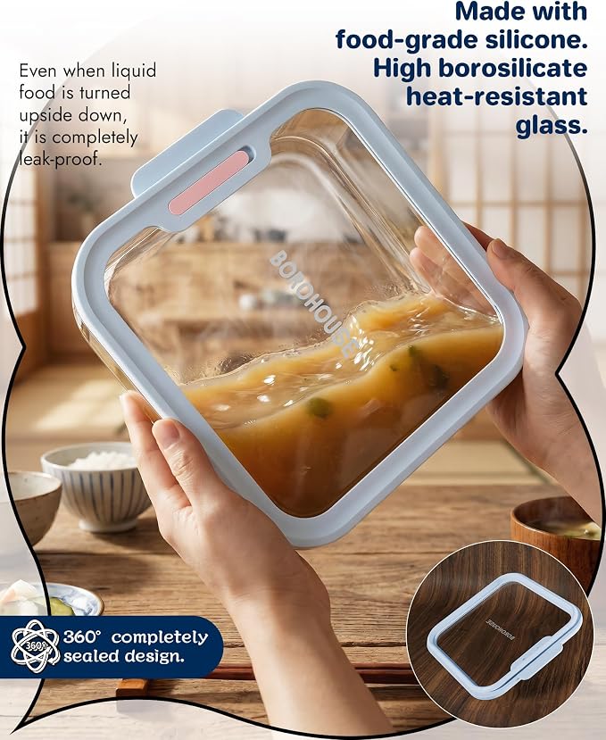 4-Pack Glass Food Storage Containers with Tempered Lids – Borosilicate, Airtight, Oven-Safe (-4°F~950°F), BPA-Free, 1Cup*2 & 2.3Cup*1 & 5.7Cup*1(Light blue)