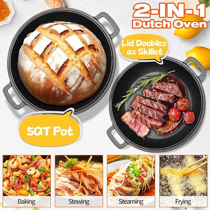 5 Qt Cast Iron Dutch Oven for Sourdough Bread Baking, Sourdough Dutch Oven | 2-in-1 lid doubles as a skillet; complete baking tools included for bread, stewing, searing, frying and outdoor cooking