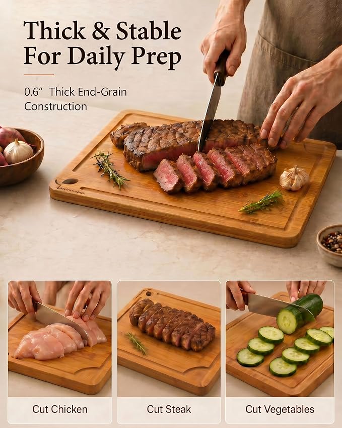 Cutting Boards for Kitchen, Wooden Chopping Board for Meat, Vegetables and Fruit, 18" x 12" XL Deep Carbonized Bamboo Board for Meal Prep, Serving, Daily Cooking and Kitchen Counter