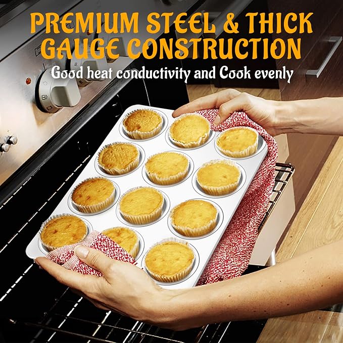 E-far 12-Cup Muffin Pan Set of 6, Stainless Steel Cupcake Pan for Oven | Non-Toxic Metal Muffin Tins for Baking Muffins & Cupcakes, Regular Size & Easy Clean, Dishwasher Safe
