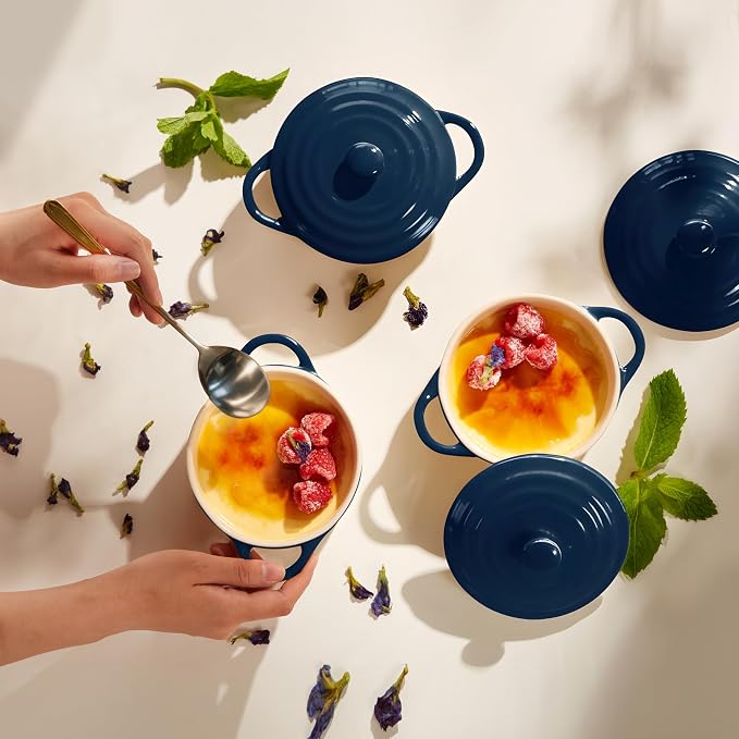 Kook Ceramic Mini Cocotte Set, Small Casserole Dishes with Lids and Handles, Individual Baking Ramekins, Oven safe 350F, Microwave & Dishwasher Safe, Stoneware, 12 oz, Set of 4, (Navy)