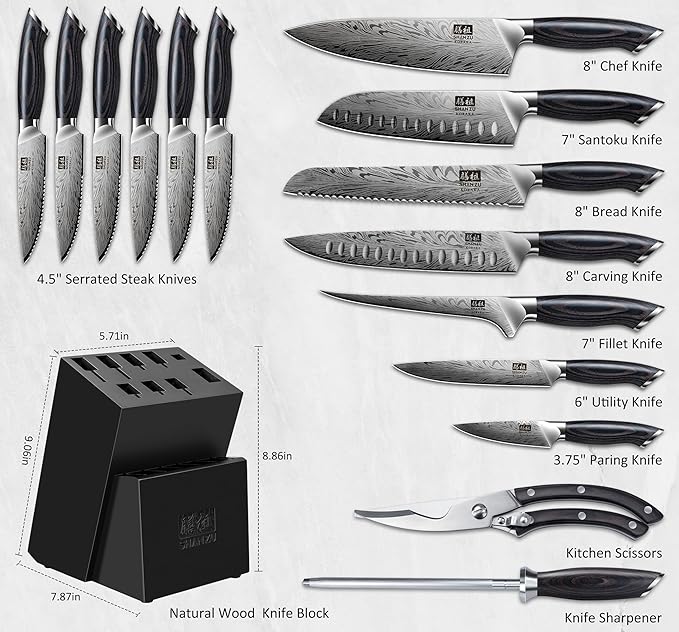 SHAN ZU 16 Pieces Knife Set, Knife Block Set in Powder Steel | Ultra Sharp Kitchen Knives Set, Japanese Knife Set with Ergonomic Pakkawood Handle, Chef Knife Set for Kitchen Cooking
